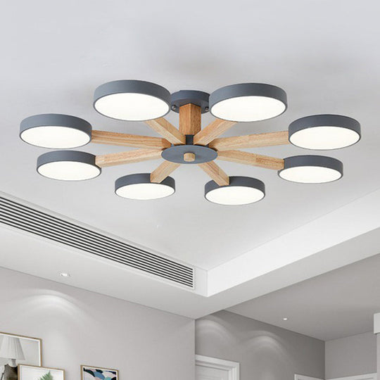 Sleek Wooden Living Room Ceiling Light: 8-Head Macaron Semi Flush Mount with Acrylic Shade