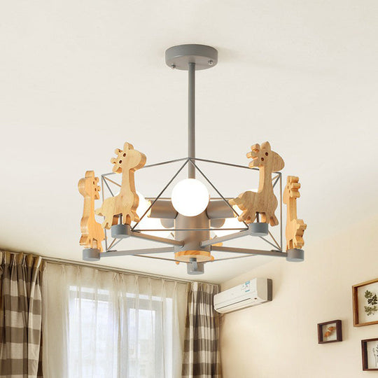 6-Head Macaron Caged Suspension Light With Wooden Deer Decor - Kids Bedroom Chandelier