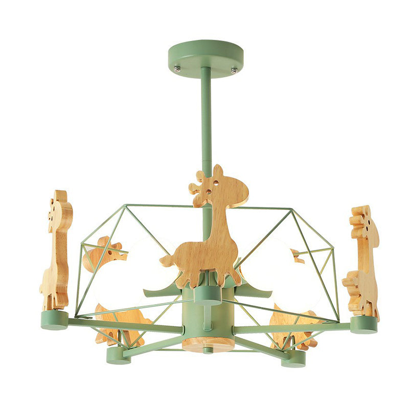 6-Head Macaron Caged Suspension Light With Wooden Deer Decor - Kids Bedroom Chandelier