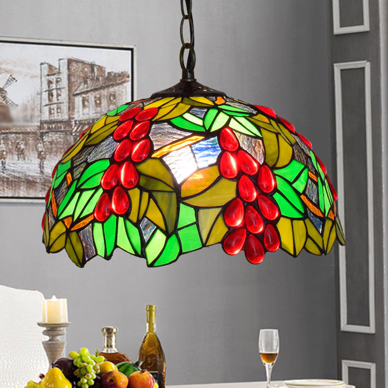 Tiffany-Style Stained Glass Pendant Light - 1-Light Dome Ceiling Hanging Fixture For Restaurants Red