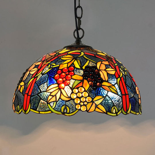 Tiffany-Style Stained Glass Pendant Light - 1-Light Dome Ceiling Hanging Fixture For Restaurants Red