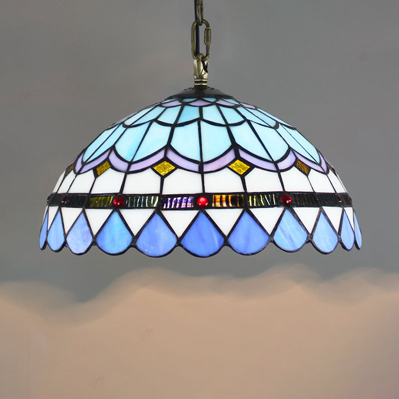 Tiffany-Style Stained Glass Pendant Light - 1-Light Dome Ceiling Hanging Fixture For Restaurants