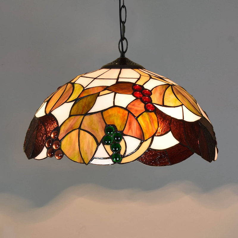 Tiffany-Style Stained Glass Pendant Light - 1-Light Dome Ceiling Hanging Fixture For Restaurants Tan