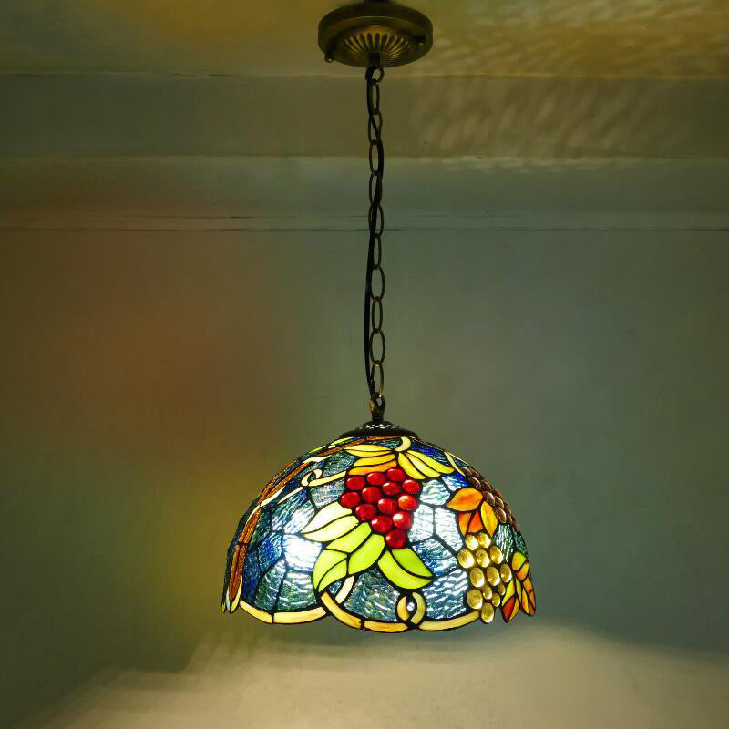 Grape Stained Glass Pendant Light With Decorative Dome Shade For Suspended Lighting Blue