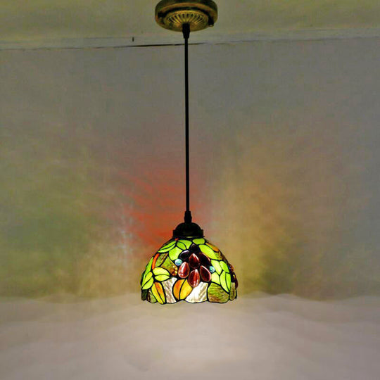 Grape Stained Glass Pendant Light With Decorative Dome Shade For Suspended Lighting Green