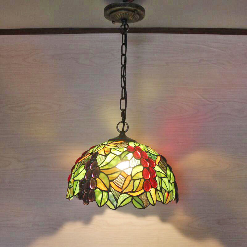 Grape Stained Glass Pendant Light With Decorative Dome Shade For Suspended Lighting Olive Green