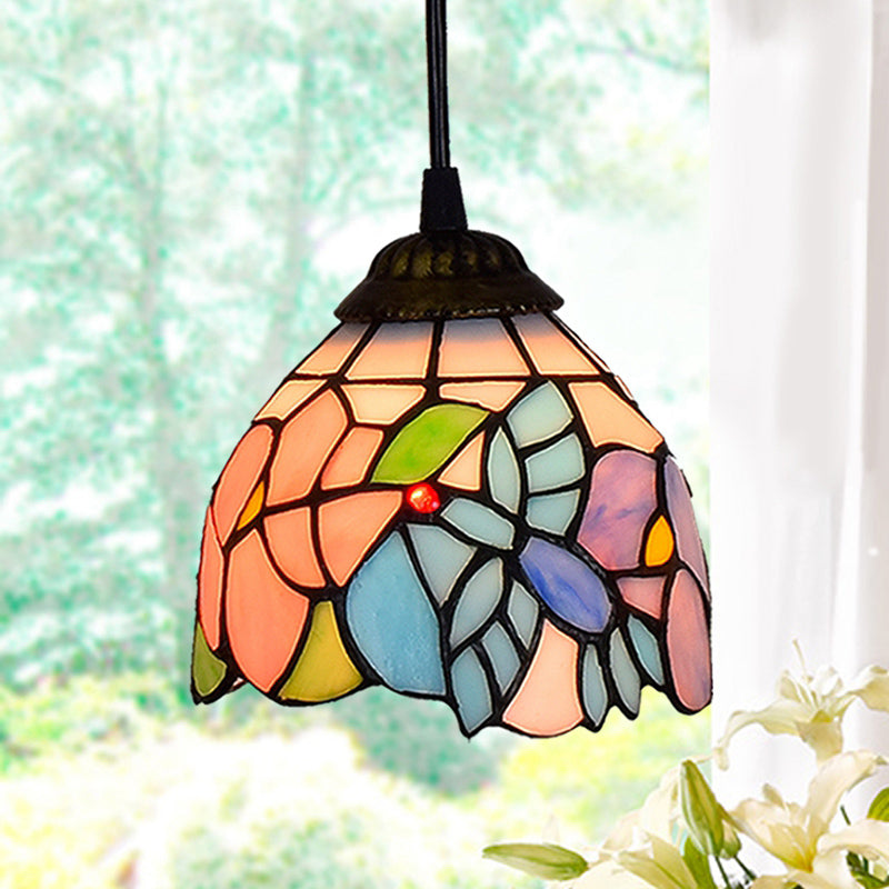 Shaded Tiffany Glass Pendant Light - Elegant 1-Bulb Suspension Fixture for Corridor