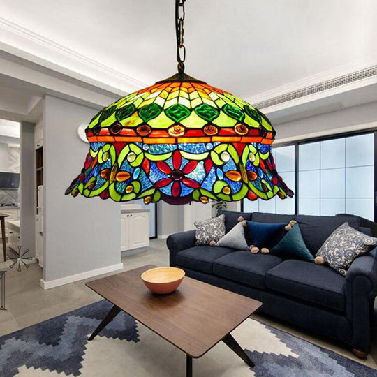 Traditional Stained Glass Ceiling Light With 3 Bulbs - Elegant Hanging Lamp For Living Room Green