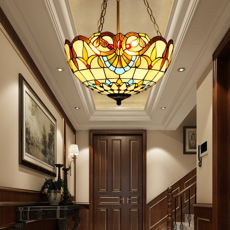 Tiffany-Style Pendant Light with Stained Art Glass Bowl Shade for Ceiling Suspension