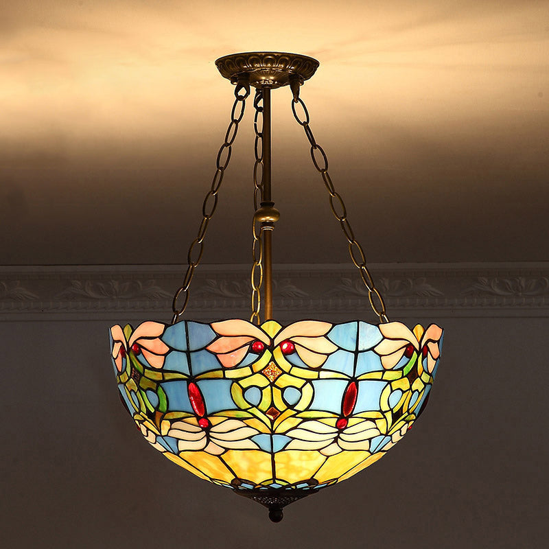 Tiffany-Style Stained Glass Pendant Ceiling Light - Bowl Shade Suspension Lighting Blue