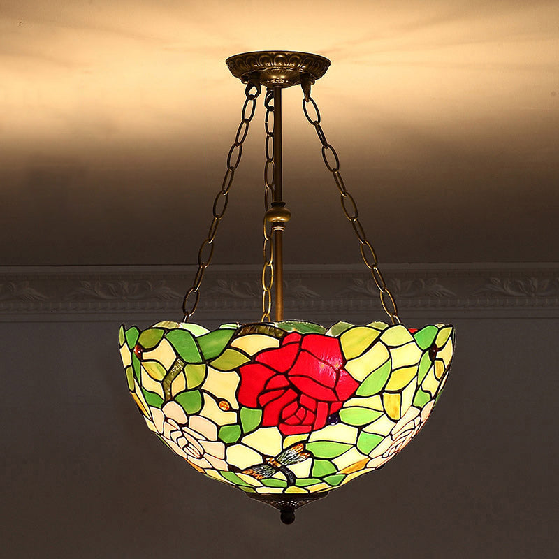 Tiffany-Style Pendant Light with Stained Art Glass Bowl Shade for Ceiling Suspension