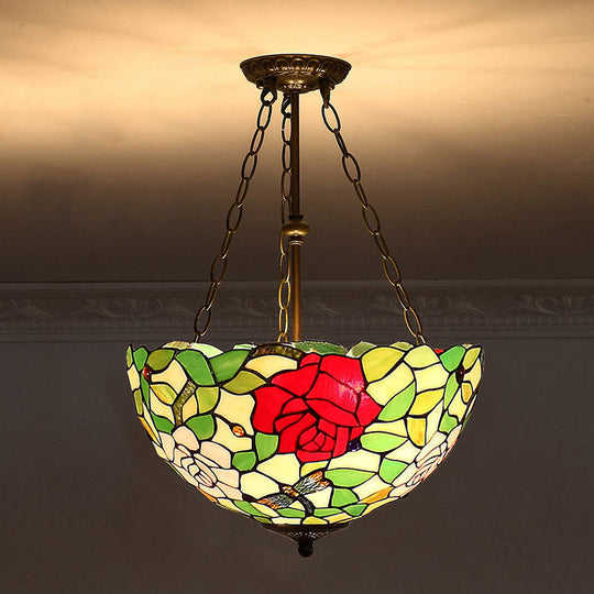 Tiffany-Style Stained Glass Pendant Ceiling Light - Bowl Shade Suspension Lighting Turquoise