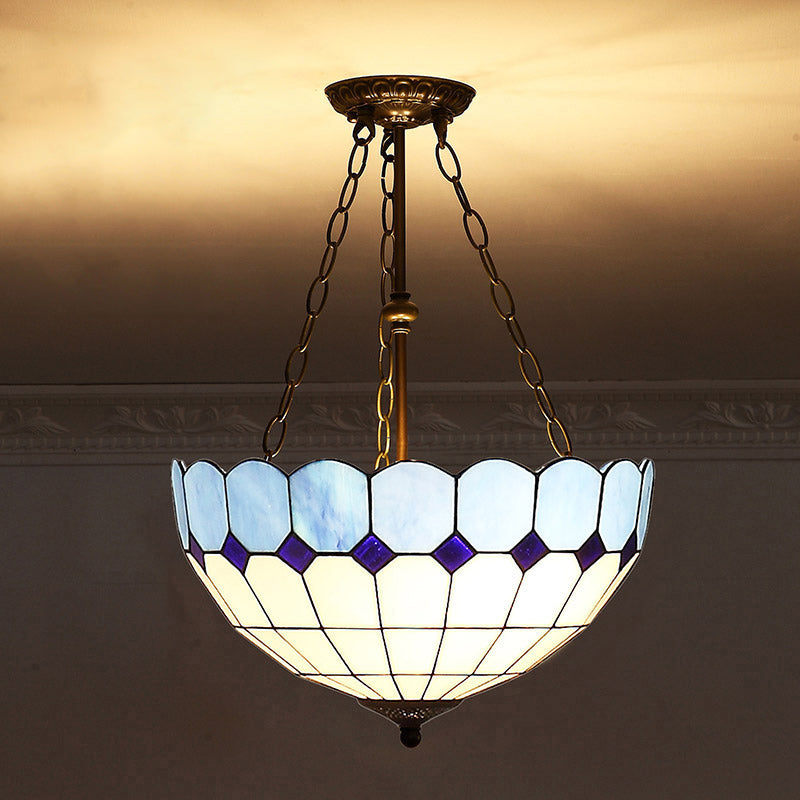 Tiffany-Style Stained Glass Pendant Ceiling Light - Bowl Shade Suspension Lighting Blue