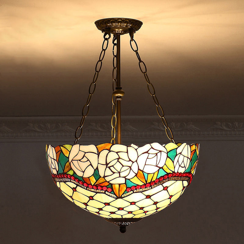 Tiffany-Style Pendant Light with Stained Art Glass Bowl Shade for Ceiling Suspension