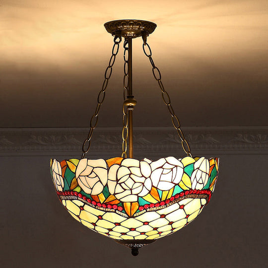 Tiffany-Style Pendant Light with Stained Art Glass Bowl Shade for Ceiling Suspension