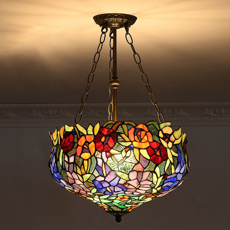 Tiffany-Style Stained Glass Pendant Ceiling Light - Bowl Shade Suspension Lighting Army Green