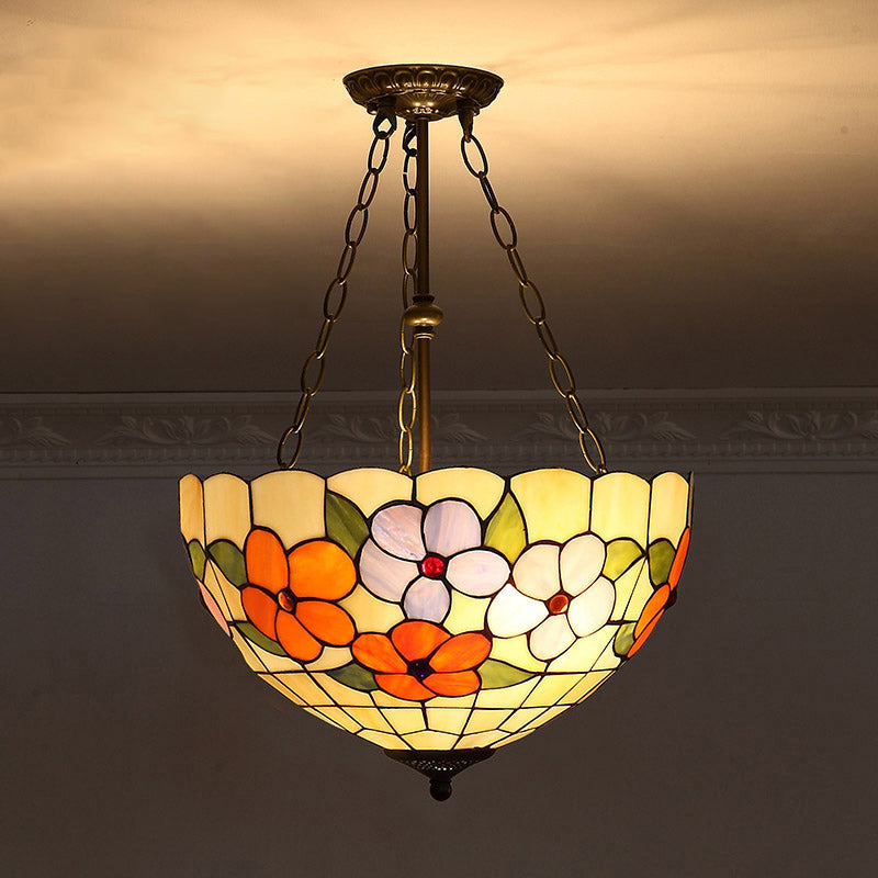 Tiffany-Style Pendant Light with Stained Art Glass Bowl Shade for Ceiling Suspension