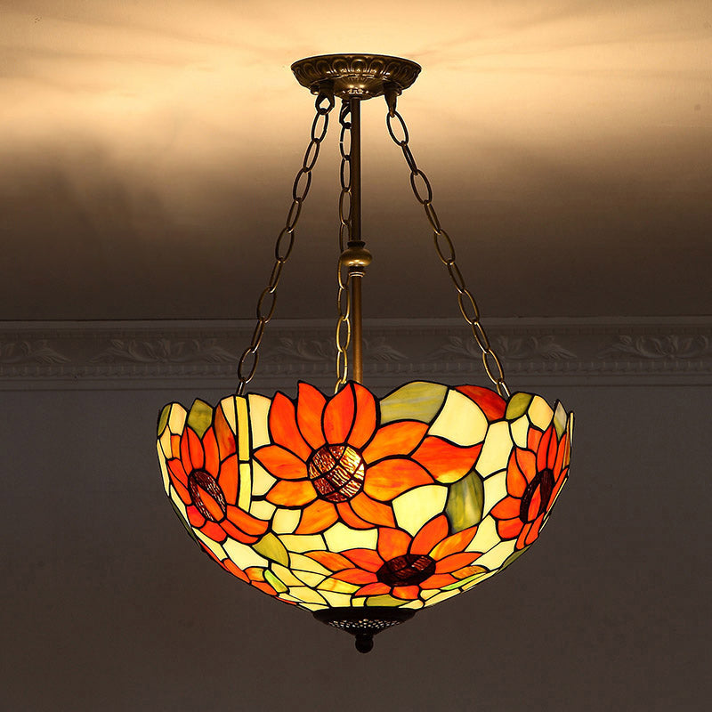 Tiffany-Style Stained Glass Pendant Ceiling Light - Bowl Shade Suspension Lighting Orange