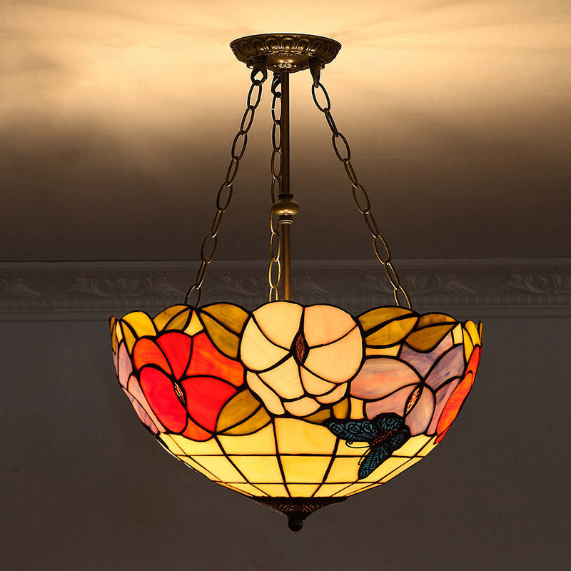 Tiffany-Style Pendant Light with Stained Art Glass Bowl Shade for Ceiling Suspension