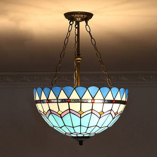 Tiffany-Style Stained Glass Pendant Ceiling Light - Bowl Shade Suspension Lighting Sky Blue