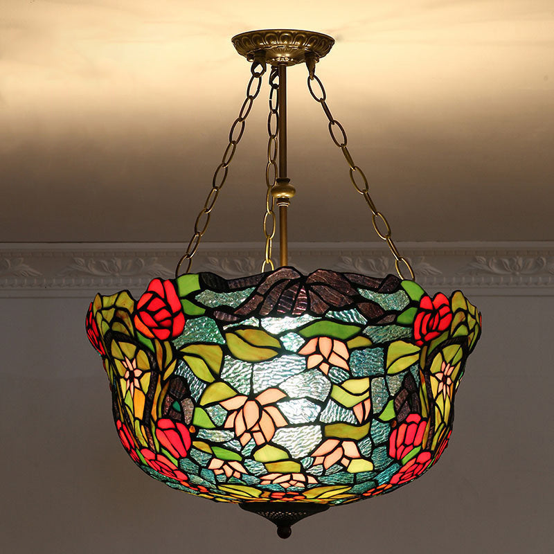 Tiffany-Style Pendant Light with Stained Art Glass Bowl Shade for Ceiling Suspension