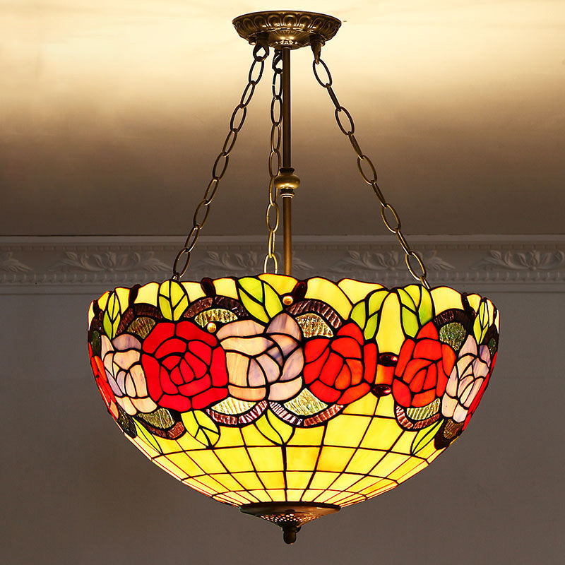 Tiffany-Style Stained Glass Pendant Ceiling Light - Bowl Shade Suspension Lighting Lemon Yellow