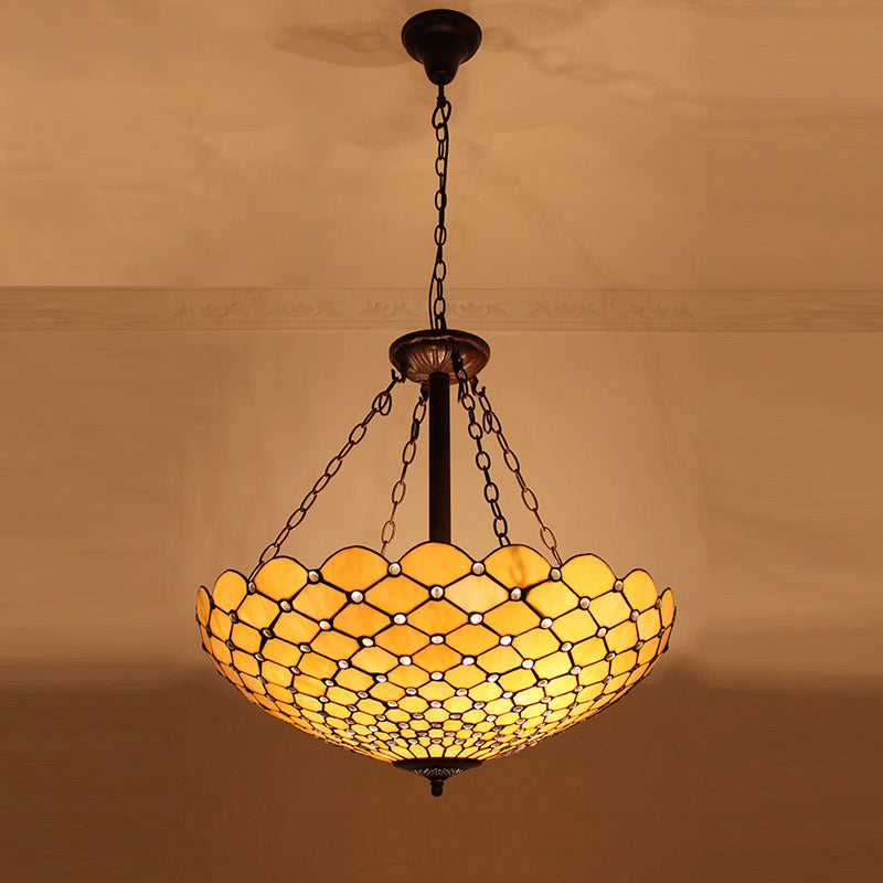 Tiffany-Style Pendant Light with Stained Art Glass Bowl Shade for Ceiling Suspension