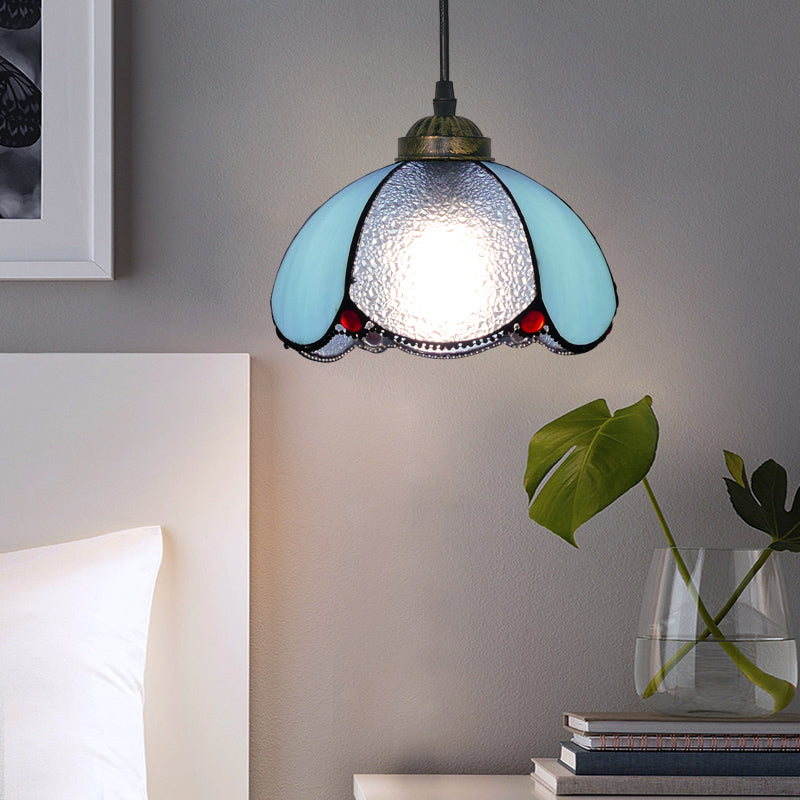 Vintage Stained Glass Pendant Light With Scalloped Dome For Single-Bulb Ceiling Hanging Blue / A