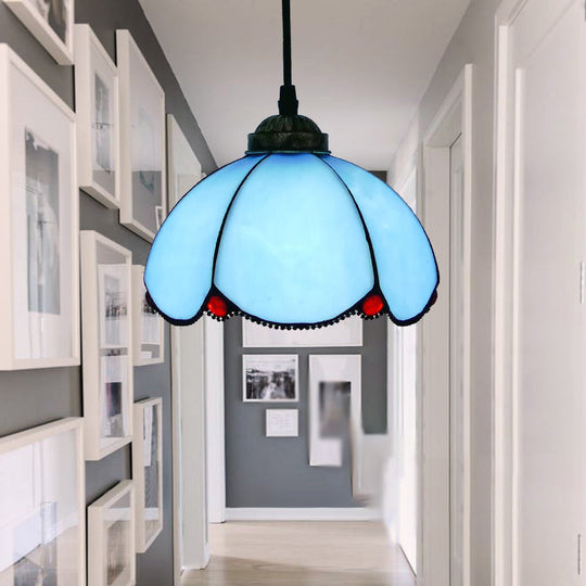 Vintage Stained Glass Pendant Light With Scalloped Dome For Single-Bulb Ceiling Hanging Blue / A