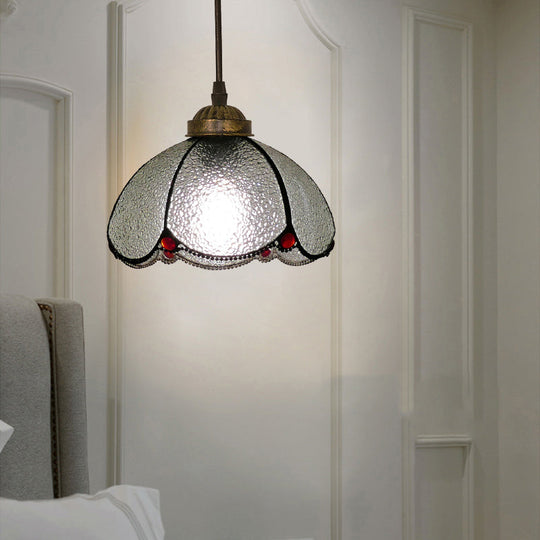 Vintage Stained Glass Pendant Light With Scalloped Dome For Single-Bulb Ceiling Hanging Clear / A