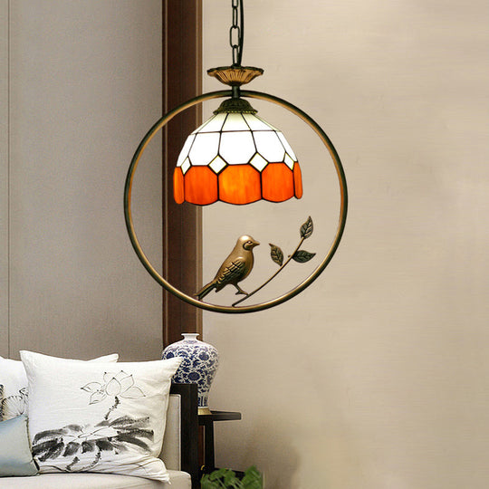 Vintage Stained Glass Pendant Light With Scalloped Dome For Single-Bulb Ceiling Hanging Orange / B