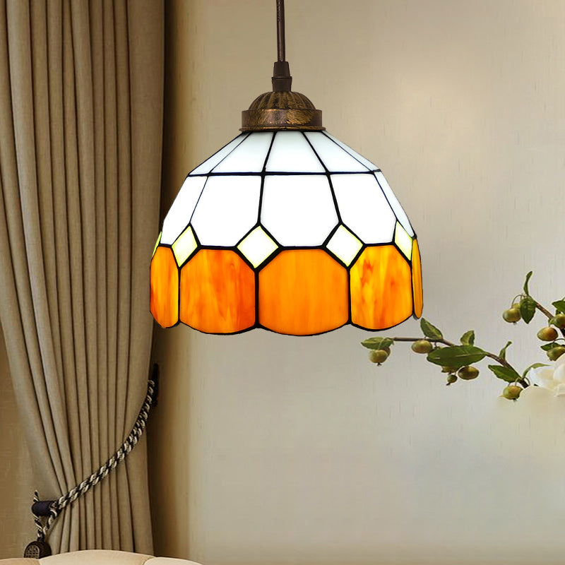 Vintage Stained Glass Pendant Light with Scalloped Dome Design