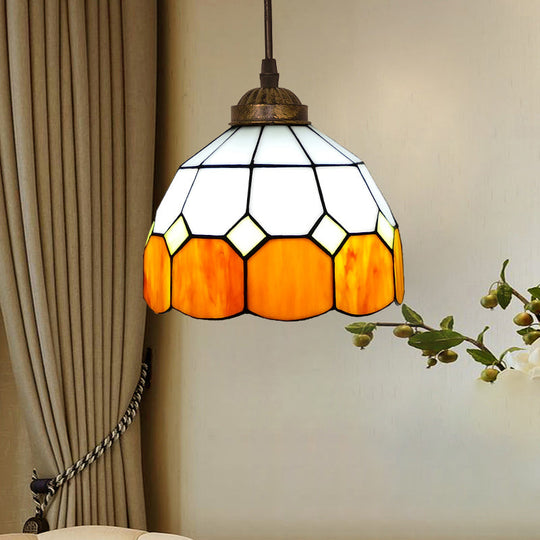 Vintage Stained Glass Pendant Light with Scalloped Dome Design