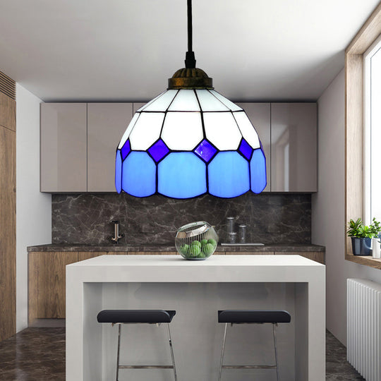 Vintage Stained Glass Pendant Light With Scalloped Dome For Single-Bulb Ceiling Hanging Lake Blue /