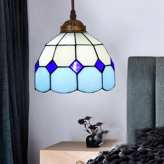 Vintage Stained Glass Pendant Light With Scalloped Dome For Single-Bulb Ceiling Hanging Sky Blue / B