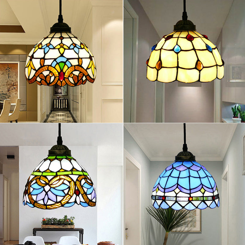 Tiffany Style Hand Cut Glass Pendant Light with Bell Shade: Single Suspension Fixture