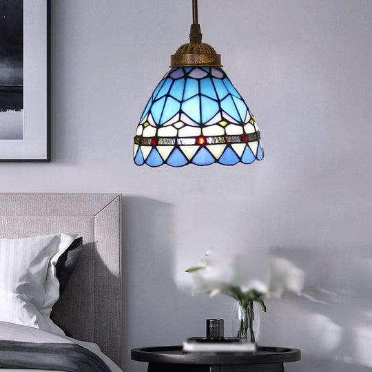 Tiffany Style Hand Cut Glass Pendant Light with Bell Shade: Single Suspension Fixture