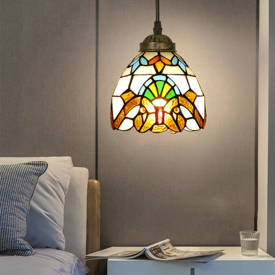 Tiffany Style Hand Cut Glass Pendant Light with Bell Shade: Single Suspension Fixture