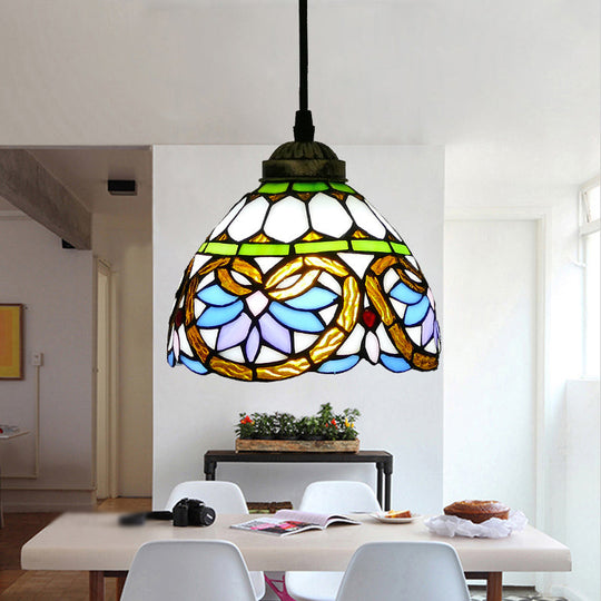 Tiffany Style Hand Cut Glass Pendant Light with Bell Shade: Single Suspension Fixture