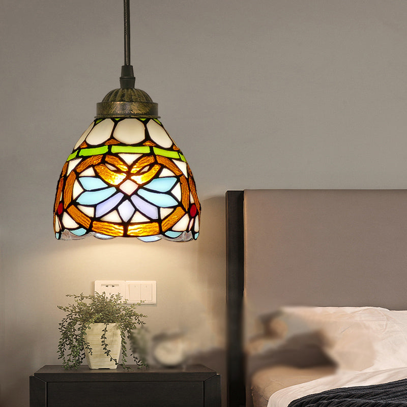 Tiffany Style Hand Cut Glass Pendant Light with Bell Shade: Single Suspension Fixture