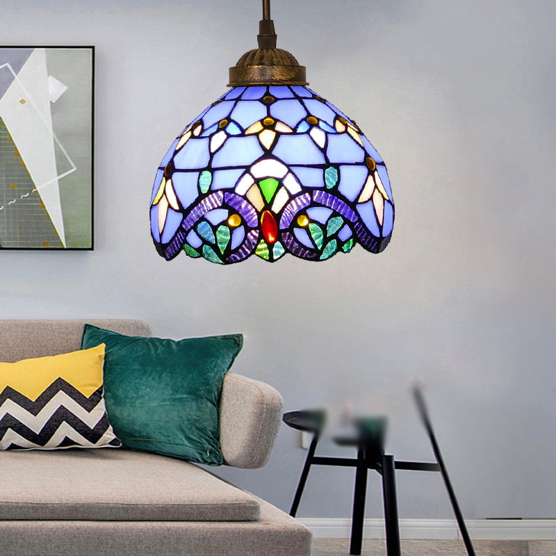 Tiffany Style Hand Cut Glass Pendant Light with Bell Shade: Single Suspension Fixture