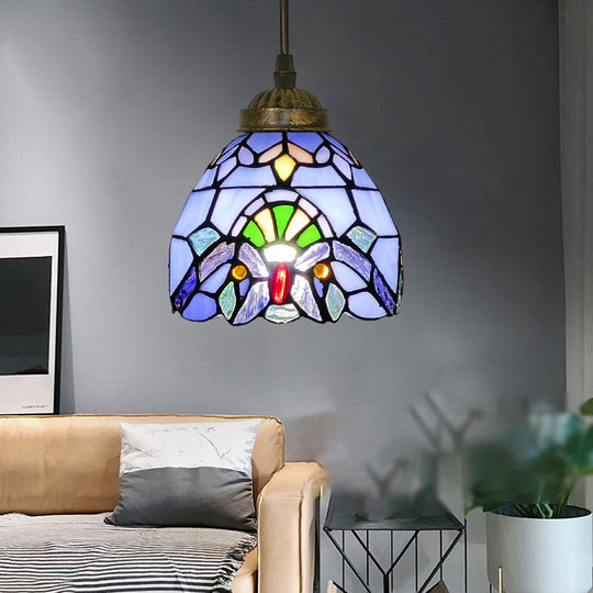 Tiffany Style Hand Cut Glass Pendant Light with Bell Shade: Single Suspension Fixture