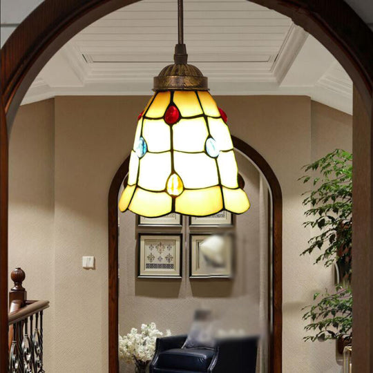 Tiffany Style Hand Cut Glass Pendant Light with Bell Shade: Single Suspension Fixture