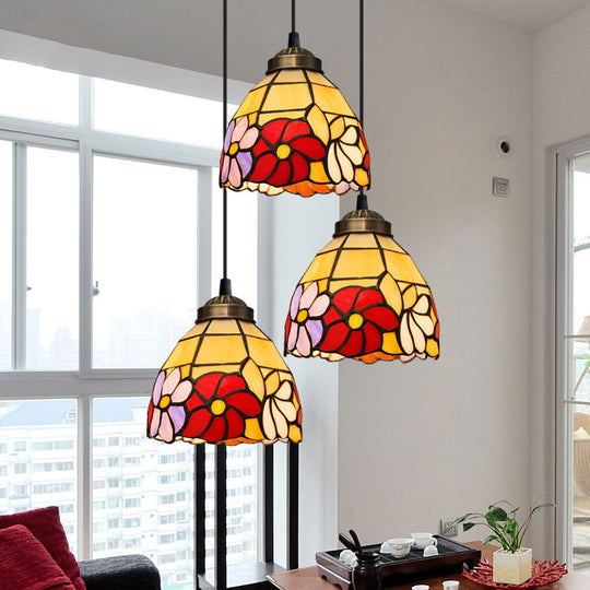 Bronze Hanging Pendant with Bell Shape, Floral Stained Glass, and 3-Light Heads - Decorative Multi-Light Fixture