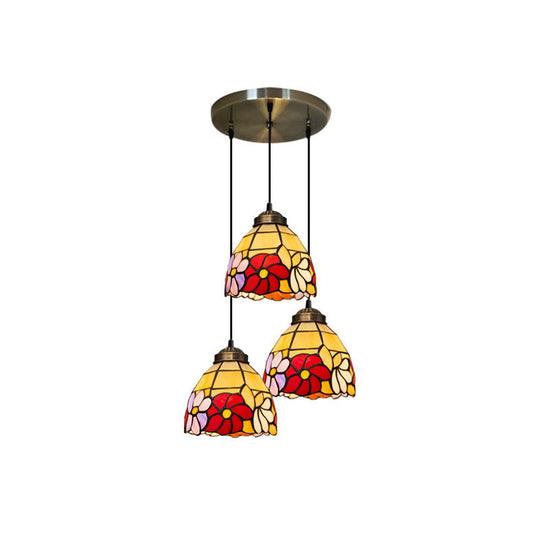 Bronze Hanging Pendant with Bell Shape, Floral Stained Glass, and 3-Light Heads - Decorative Multi-Light Fixture