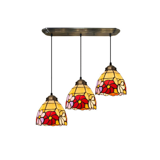 Bronze Hanging Pendant with Bell Shape, Floral Stained Glass, and 3-Light Heads - Decorative Multi-Light Fixture