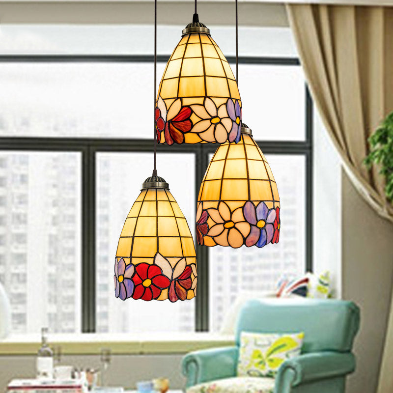 Bronze Hanging Pendant with Bell Shape, Floral Stained Glass, and 3-Light Heads - Decorative Multi-Light Fixture