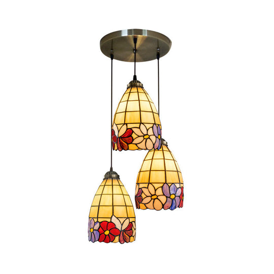 Bronze Hanging Pendant with Bell Shape, Floral Stained Glass, and 3-Light Heads - Decorative Multi-Light Fixture