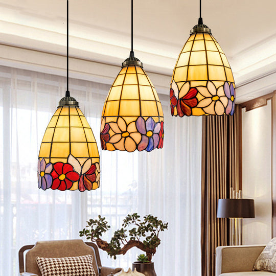 Bronze Hanging Pendant with Bell Shape, Floral Stained Glass, and 3-Light Heads - Decorative Multi-Light Fixture