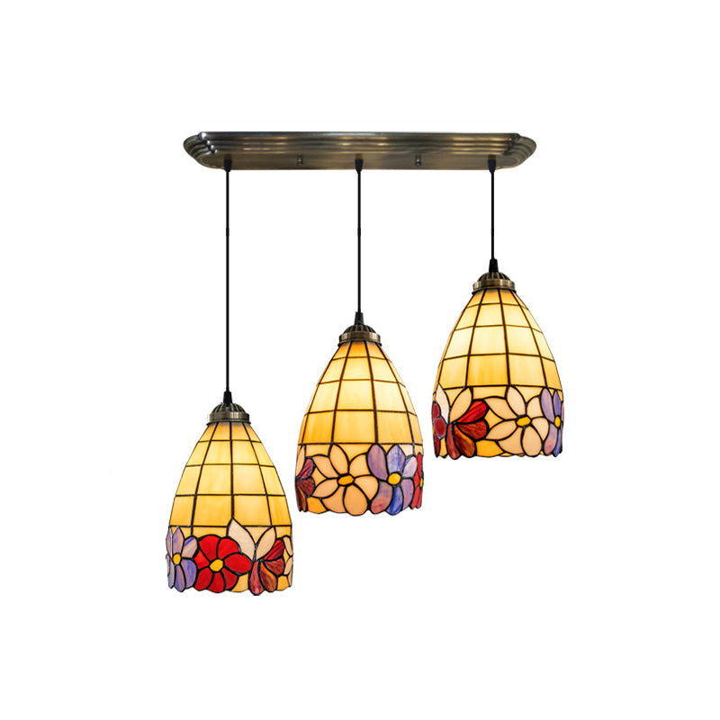 Bronze Hanging Pendant with Bell Shape, Floral Stained Glass, and 3-Light Heads - Decorative Multi-Light Fixture